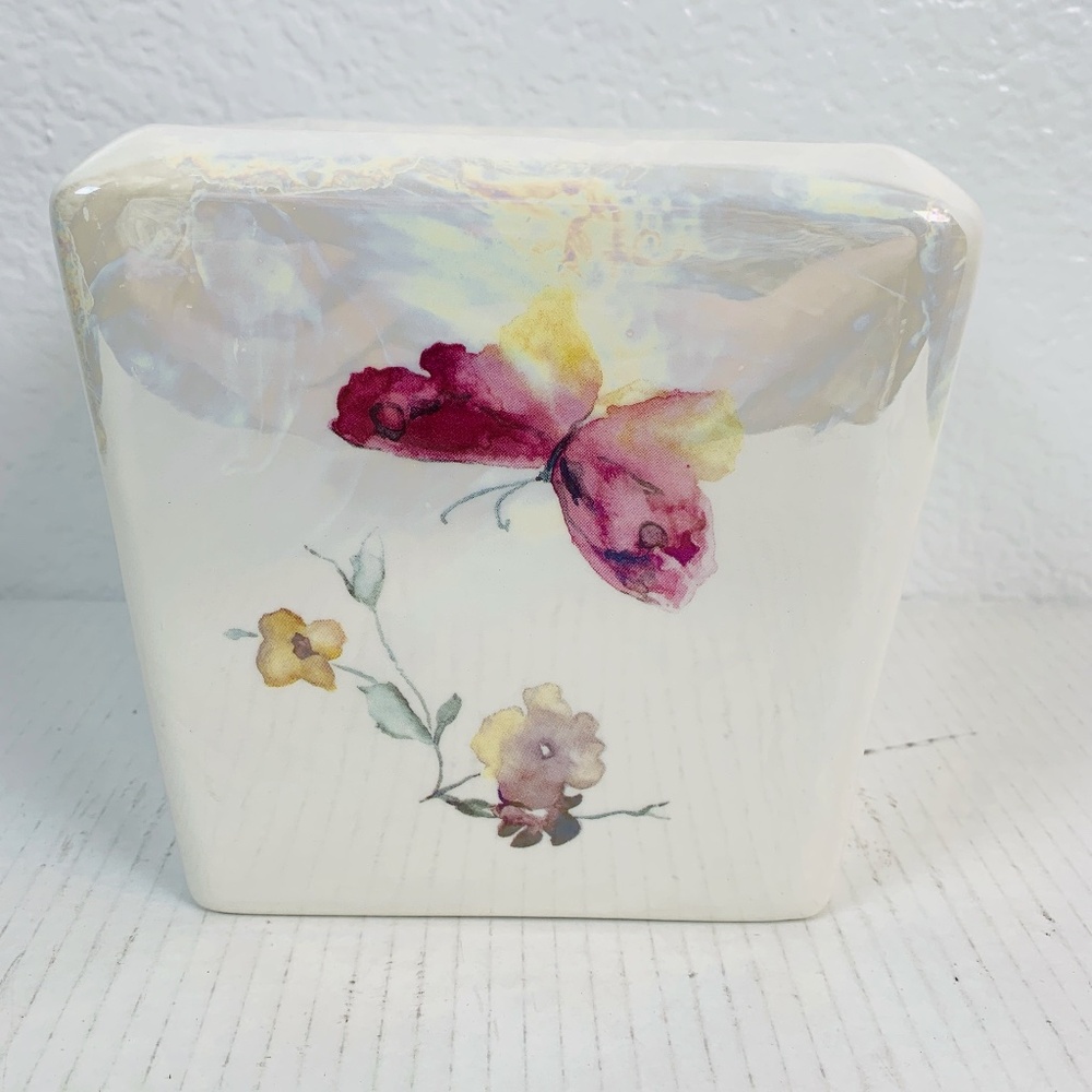 Mariposa Ceramic Tissue Box Cover Flowers And Butterflies 6 X 6 Iridescent Shiny